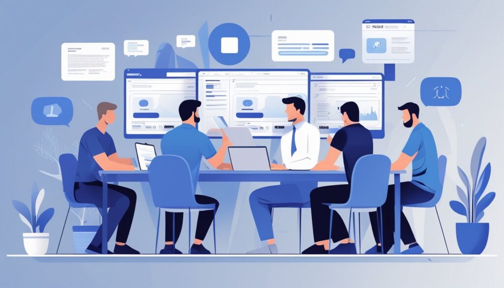 Group of developers collaborating on a software project, reviewing application screens and sharing ideas around a table, modern business illustration, SaaS style vector art, clean composition, professional technology environment, blue corporate palette, no text, no infographic
